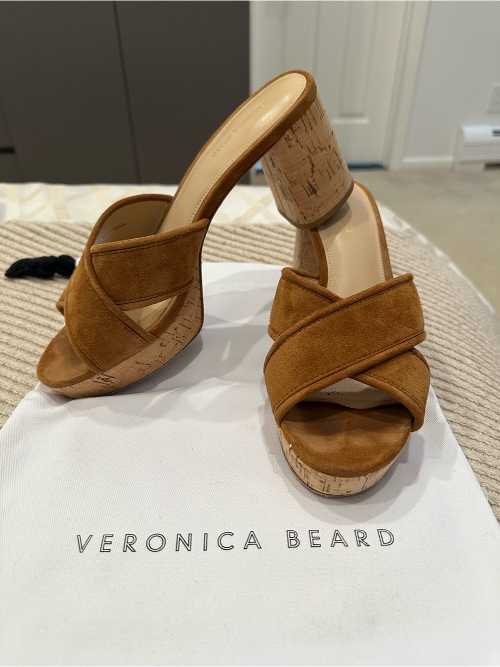 VERONICA BEARD Camel Suede Cork Platform Mule